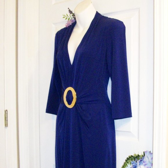 BOSTON PROPER Sz 8 Purple Stretch Dress w/ Gold Buckle Below Knee Length - Picture 4 of 9